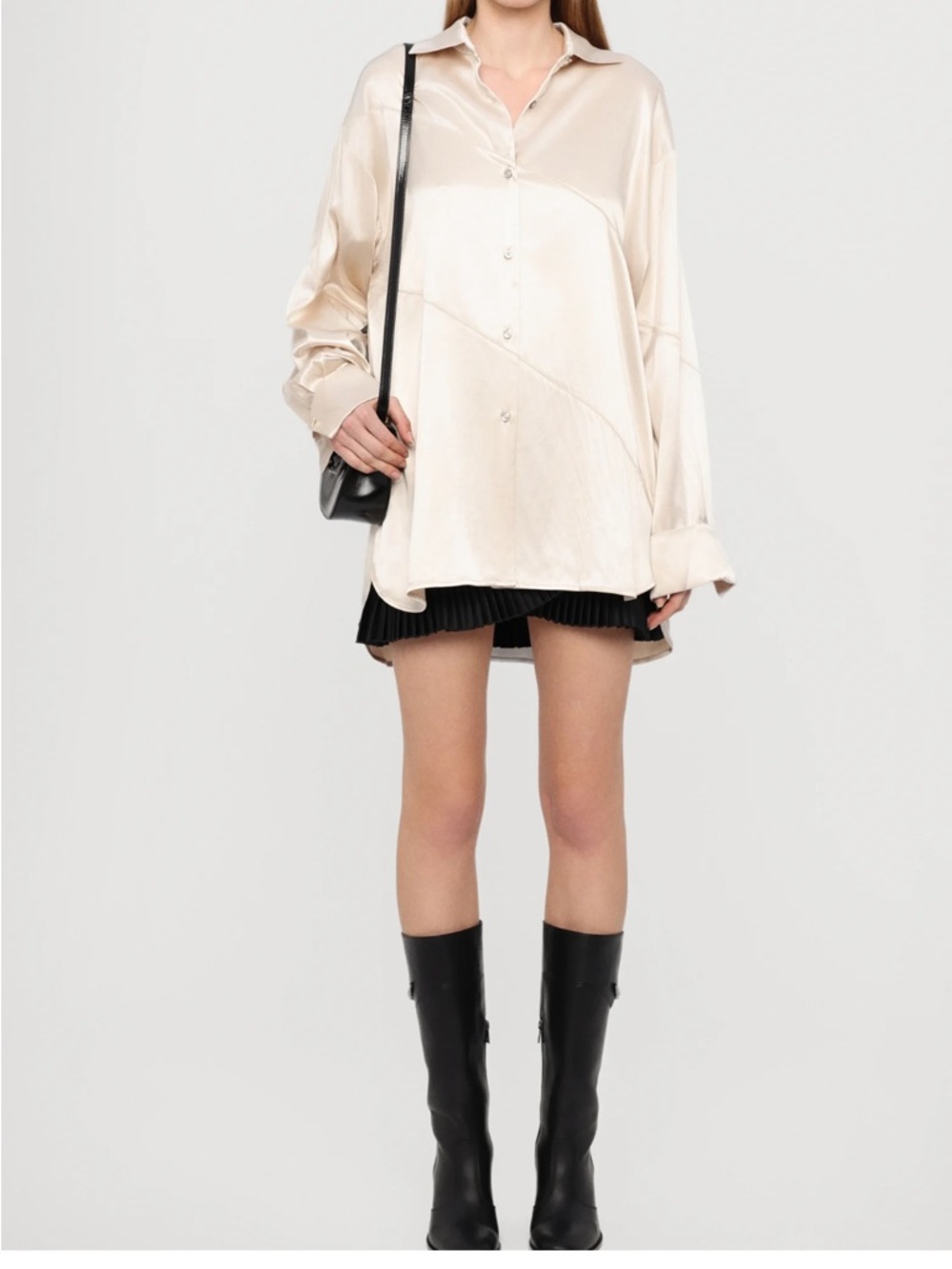 Aeron Abigail Satin Oversized Button-Up Shirt in Silver / shiny Crème - Picture 2 of 8